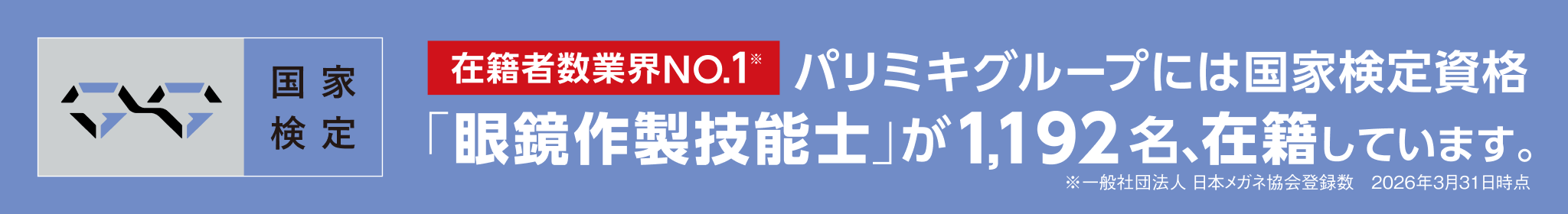 国家検定　在籍者数No.1 パリミキグループには国家検定資格「眼鏡作製技能士」が1,192名、在籍しています。※一般社団法人 日本メガネ協会登録数　2026年3月31日時点