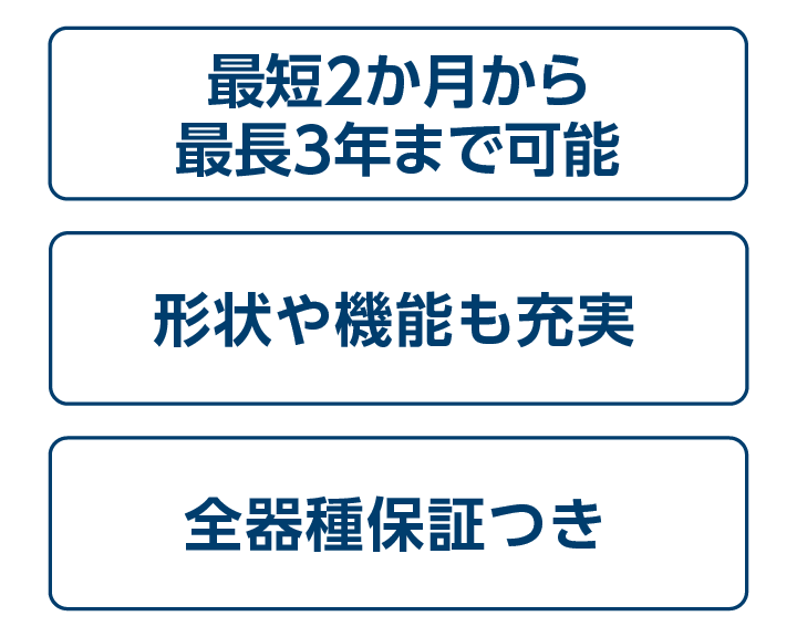 最短2か月から最長3年まで可能／形状や機能も充実／全器種保証つき
