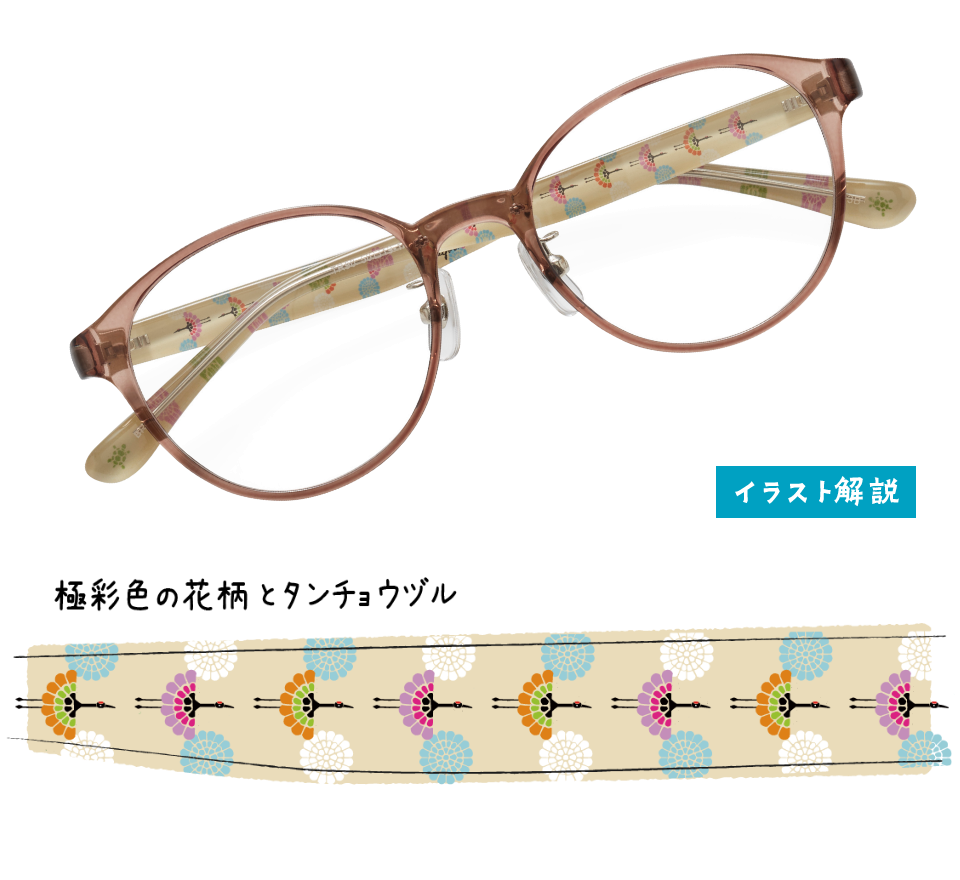 極彩色の花柄とタンチョウヅル