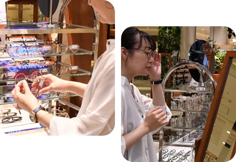 店頭での試着の様子。姿見でスタイリングとのバランスもチェック！
