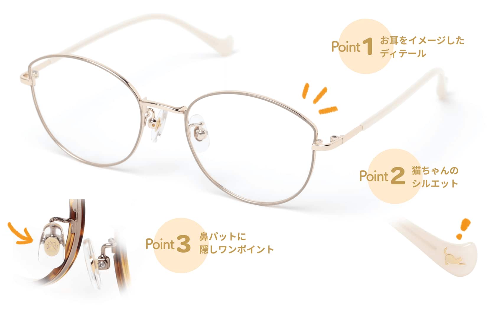 Point1 お耳をイメージしたディテール Point2 猫ちゃんのシルエット Point3 鼻パットに隠しワンポイント