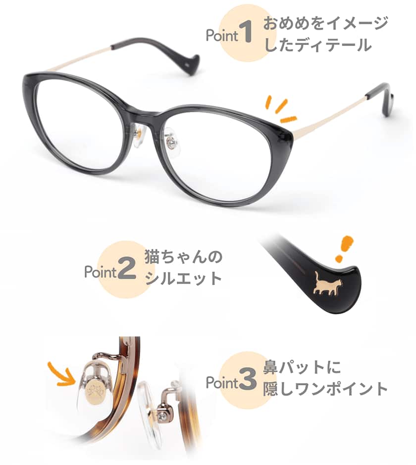 Point1 おめめをイメージしたディテール Point2 猫ちゃんのシルエット Point3 鼻パットに隠しワンポイント